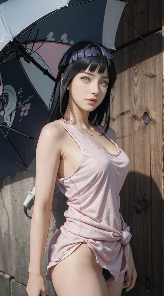 (ultra-realistic realism), (illustratio), (high resolution), (8K), (extremely detaile), (best illustration), (Beautiful and delicate eyes), (Best quality), (Super detailed), (tmasterpiece), (Wallpapers), (Detal Face), Tik, (dynamicposes), Full body image of a person with long hair and a tank top, hinata hyuga, hinata hyuga from naruto, from naruto, as an anime character, perfect anime face, she has dark blue hair with tied up , female anime character, anime characters, best anime girls, style hime cut hair, dark blue hair, pink lips, light purple eyes, smile, (pretty face:1.3)with no underpants), (without bra)