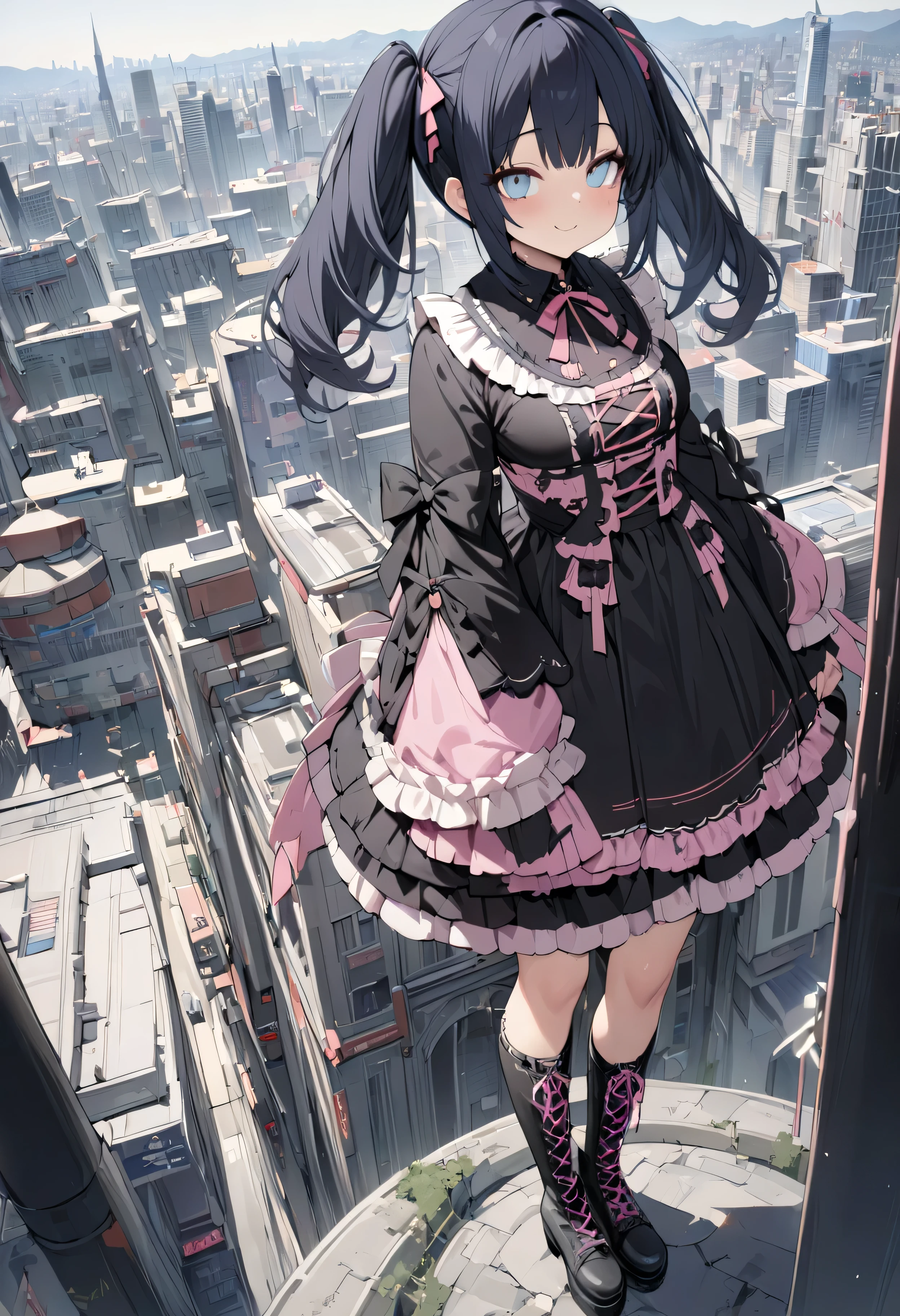 (((highest quality,Very detailed,masterpiece,Very detailed))),Twin tails,Medium Hair,Blue black hair,(Kimono pink (Gothic ta:1.2),alone,city,Day々Cutout,Full Shot,Lace-up boots,big eye,smile