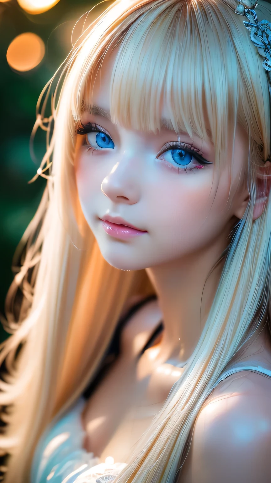 night, Raw photo, (((Very beautiful portrait))), (Glowing Skin)), 1 girl, 16 year old beautiful girl from Prague, (((Natural platinum blonde hair)), [Bright Blue Eyes], Super long hair, eyeliner, Fluttering Hair, bangs over eyes、Vibrant, ((masterpiece, 最high quality, Ultra Detail, Cinematic Light, Intricate details, High resolution, 8K, Very detailed)), Detail Background, 8K uhd, Digital single-lens reflex camera, Soft lighting, high quality, Film Grain, Fujifilm XT3, Shallow depth of field, Natural light, (Perfect hands), Perfect Face, View from afar、Small Face Beauty、