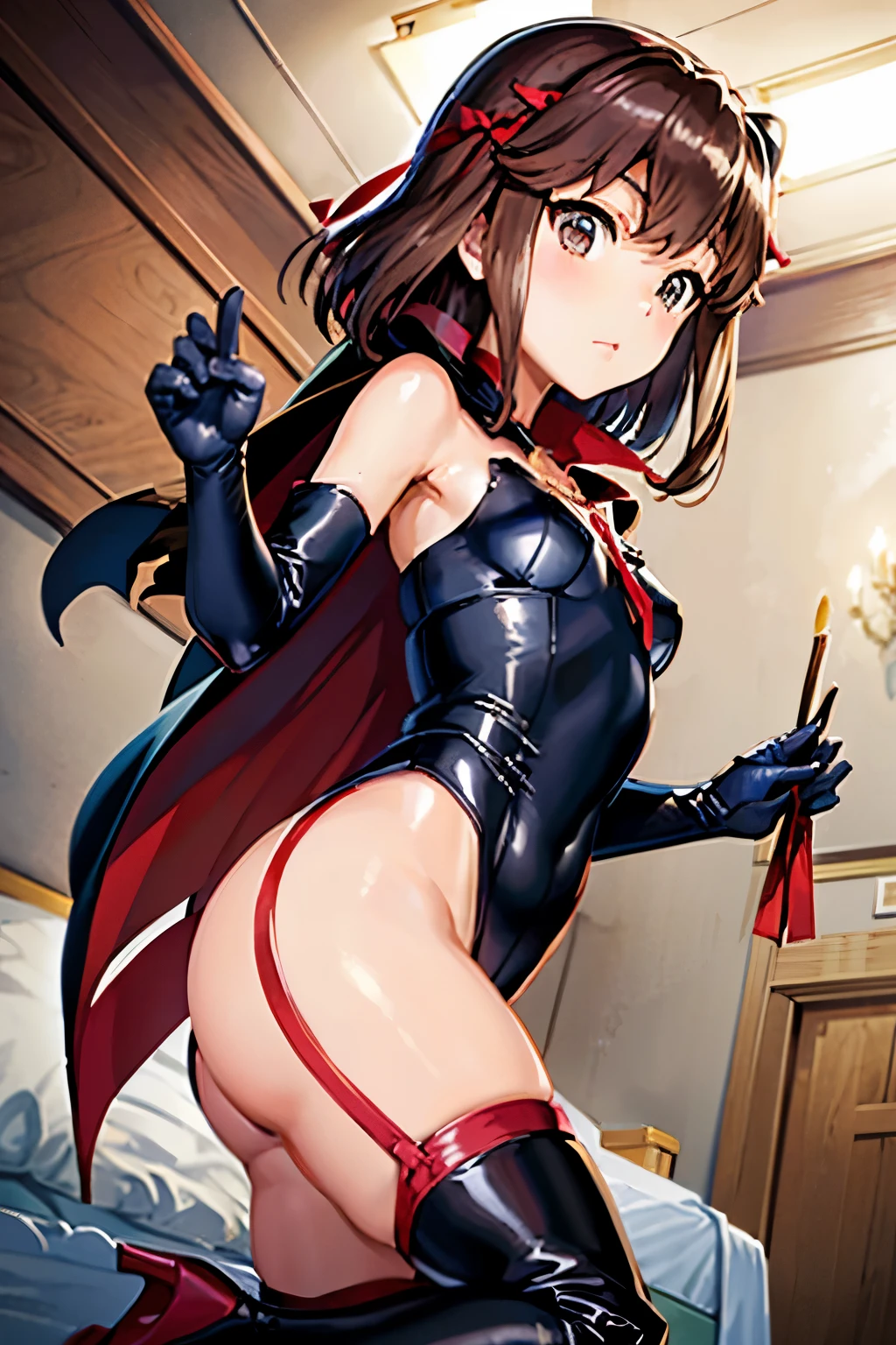 Taeko Kondo、Girls&Panzer、Brown Hair、Short Hair、((Thigh-high boots))、Photo from below、Medium chest、Bedroom、(Doronjo)、Red ribbon、Black gloves、leotard、Cape、Seductive pose