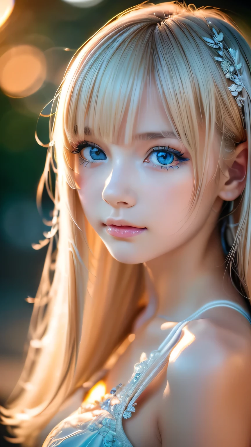 night, Raw photo, (((Very beautiful portrait))), (Glowing Skin)), 1 girl, 16 year old beautiful girl from Prague, (((Natural platinum blonde hair)), [Bright Blue Eyes], Super long hair, eyeliner, Fluttering Hair, bangs over eyes、Vibrant, ((masterpiece, 最high quality, Ultra Detail, Cinematic Light, Intricate details, High resolution, 8K, Very detailed)), Detail Background, 8K uhd, Digital single-lens reflex camera, Soft lighting, high quality, Film Grain, Fujifilm XT3, Shallow depth of field, Natural light, (Perfect hands), Perfect Face, View from afar、Small Face Beauty、