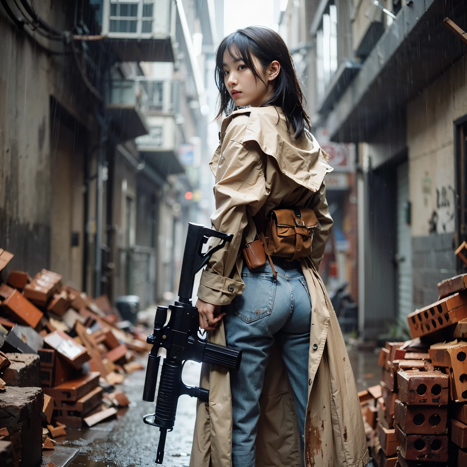 (Very detailed, Realistic photos, Realistic skin texture), 8k, A beautiful Japanese woman living in America looks back with a sawed-off shotgun on her hip, He is wearing a dirty and torn beige trench coat., navy yankees baseball cap, Dirty high-top Nike sneakers, An alley littered with bricks and rubble, It rains and clothes get wet, In an attractive and action-packed pose, And a cool configuration.