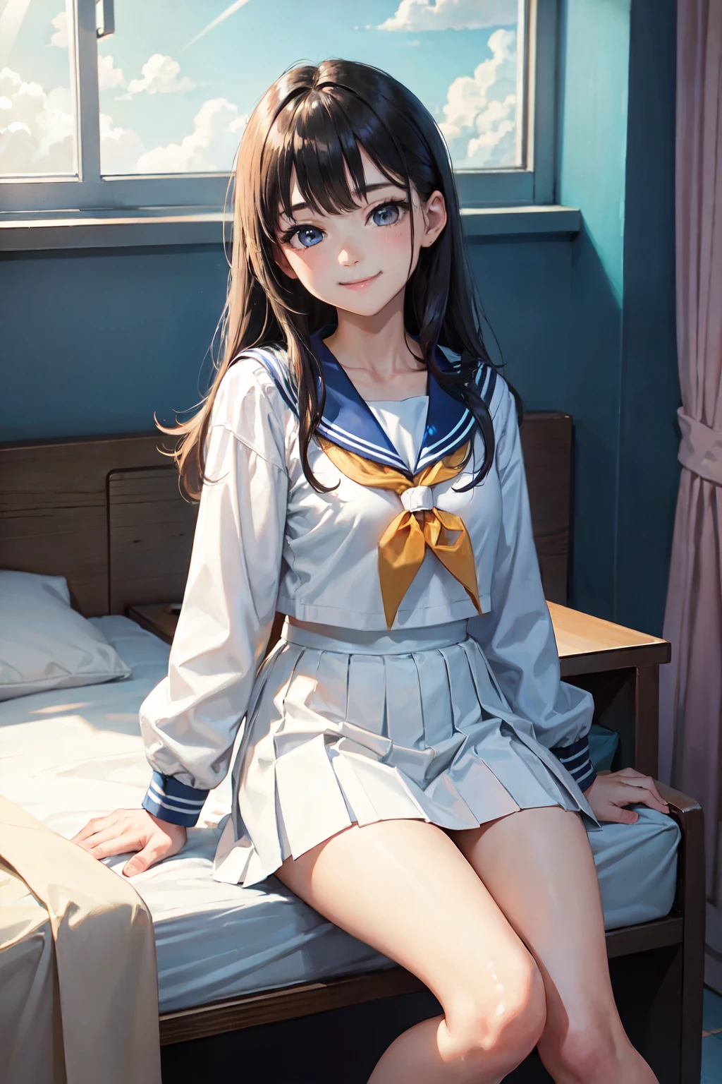 Cinema Lighting、highest quality、1. high school girl、Sailor suit、smile、Sit at the bedside、Top view、