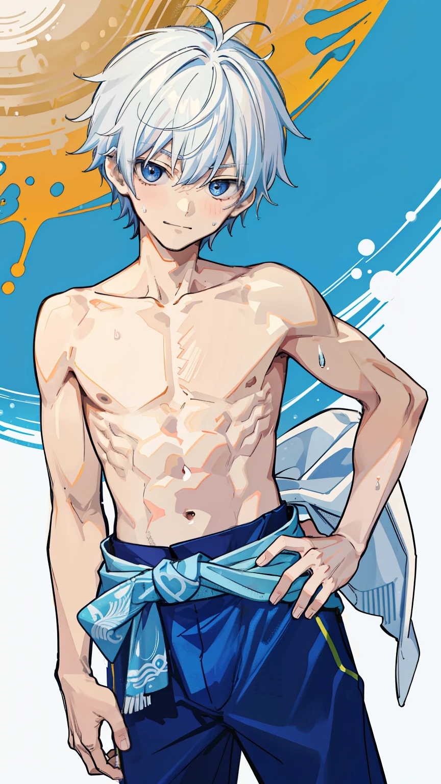 masterpiece, best quality, high quality,  1boy,,, male focus, full body, looking at viewer, white blue hair,spiky hairstyle, short hair, steam smork, japan style,  anime coloring, crying, home muji style, detailed face, topless, white towel on waist,finely eye and detailed face,bulge, onsen japanese style