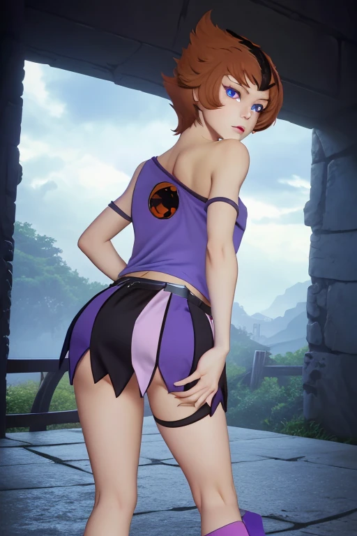 absurdres, realistic, wilykit, brown hair, black stripe hair, full body, blue tank top, multicolored skirt, one shoulder out, eye of thundera, utility belt, silver armlet, detailed eyes, bending over, on fours, ass, back view, panties, skirt lift