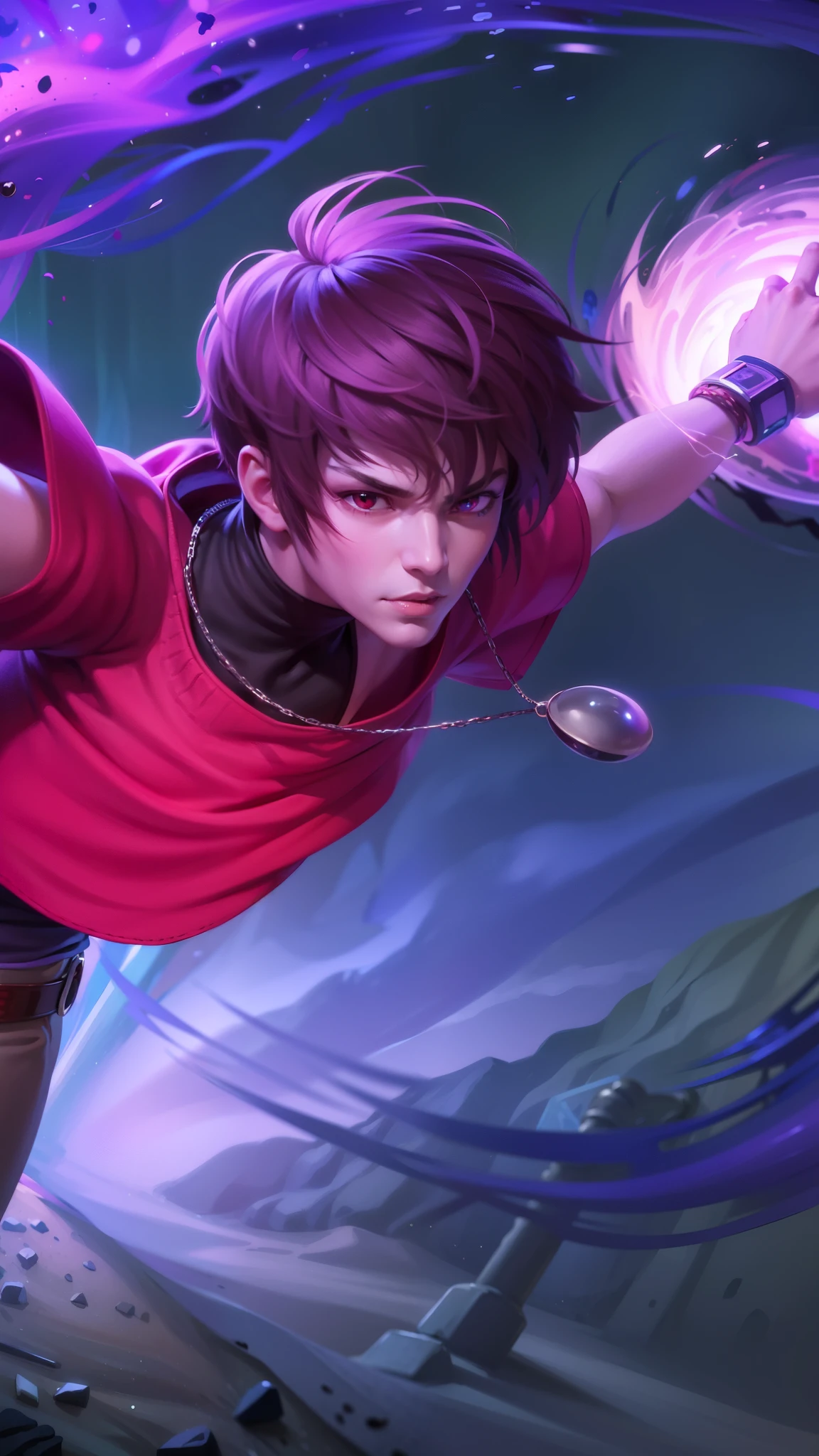 boy with purple hair and red shirt holding a purple ball, Masterpiece, ultra HD, detailed all picture, a close up of a devil, dyrroth from mobile legend, evil, extremely detailed artgerm, mobile legends character, inspired by Dyrroth, Six pack chest and abs, black jewel above the chest, strong red eyes, glare.
