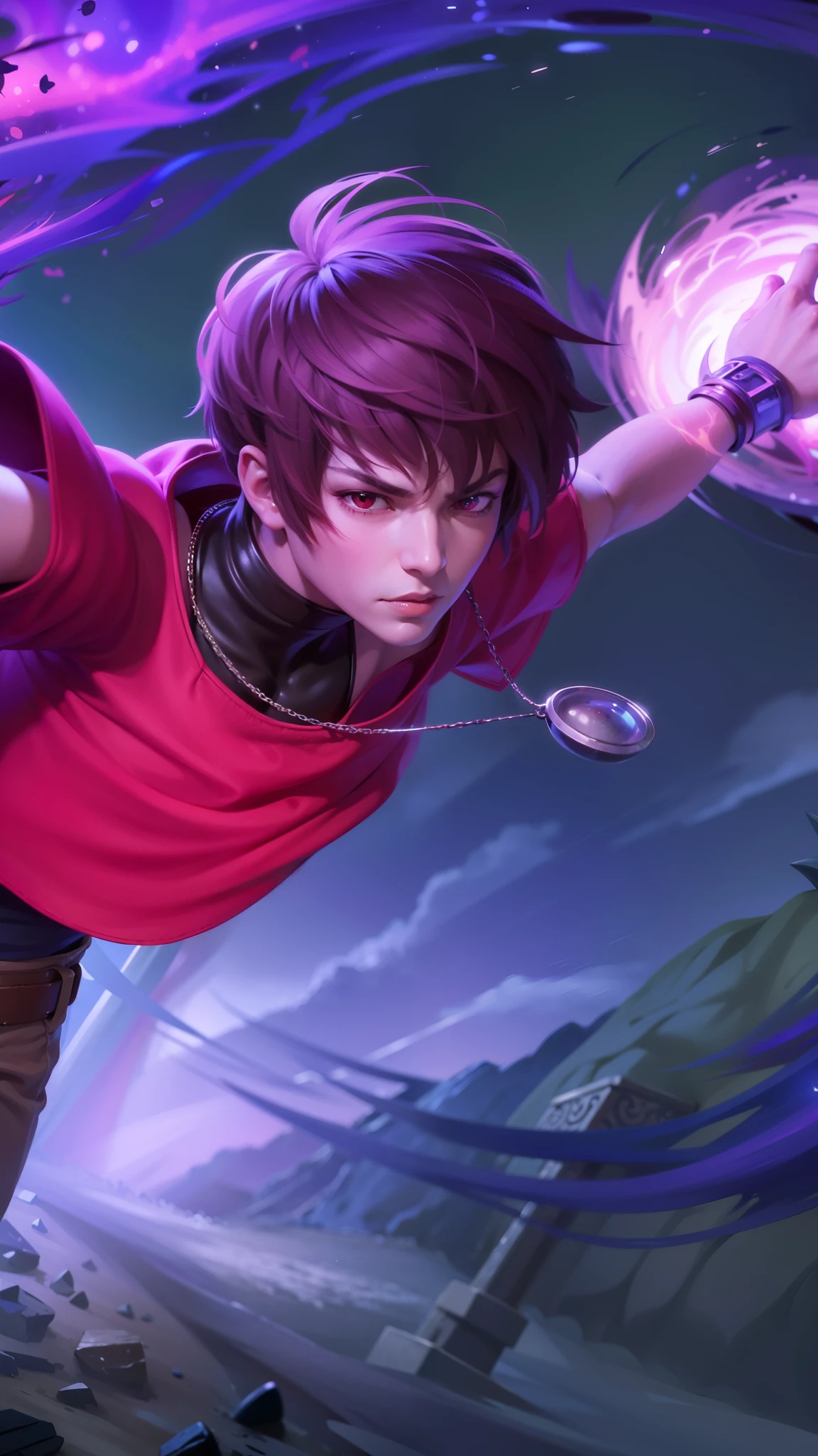 boy with purple hair and red shirt holding a purple ball, Masterpiece, ultra HD, detailed all picture, a close up of a devil, dyrroth from mobile legend, evil, extremely detailed artgerm, mobile legends character, inspired by Dyrroth, Six pack chest and abs, black jewel above the chest, strong red eyes, glare.