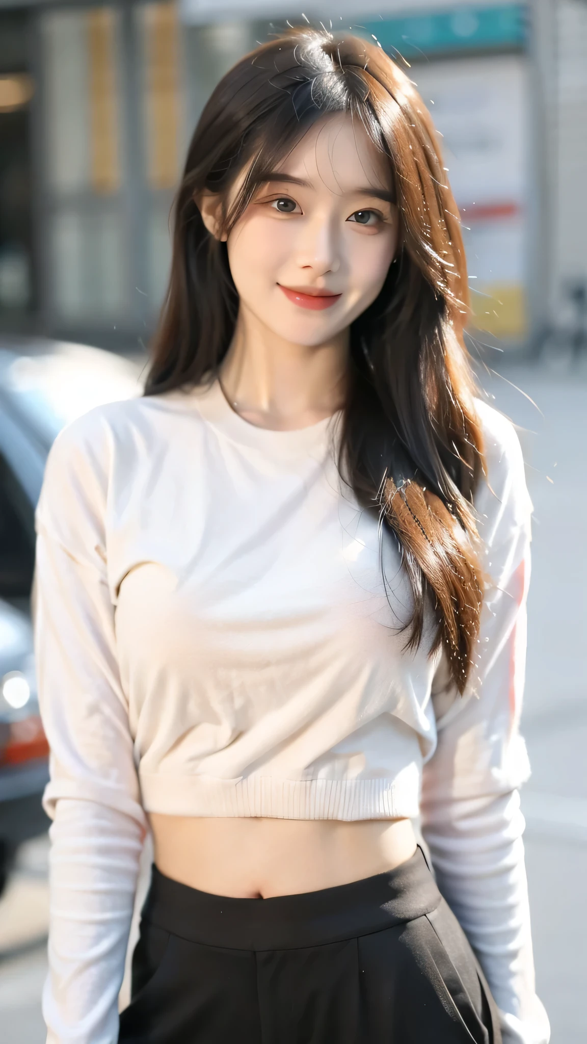1 girl,Smile,whole body,Slim Faces,sexy woman,double eyelids,Detailed face,long hair,(super high quality,8k)blurred background,Black top and white pants