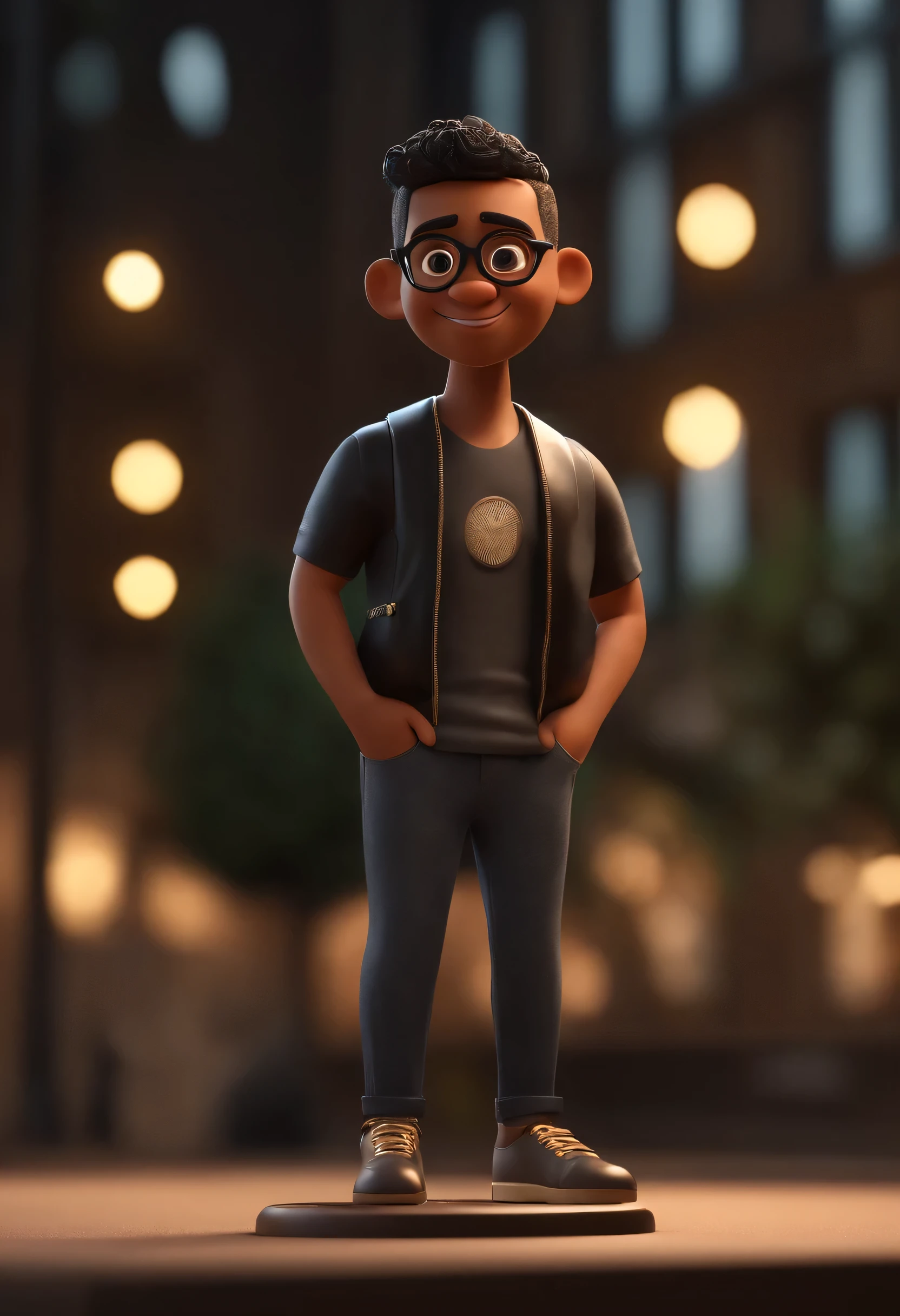 Cartoon character of a young dark-skinned Asian man in round gold glasses and black t-shirt, video editor, um personagem animado, Caractere estilizado, animation style rendering, 3D estilizado, Arnold Maya rendering, Stylized 3D rendering, toon render screenshot, Personagem 3D, Personagem 3D, Stylized 3D rendering, 3D character rendering, personagem de desenho animado, Personagem de close up, Pose de personagem, (Estilo Pixar) (parte mestre:1.2) (Bokeh) (melhor qualidade) (pele detalhada) (textura detalhada) (8k) (argila) (cinematic lighting) (sharp focus,Senta e vaza a parte superior do corpo