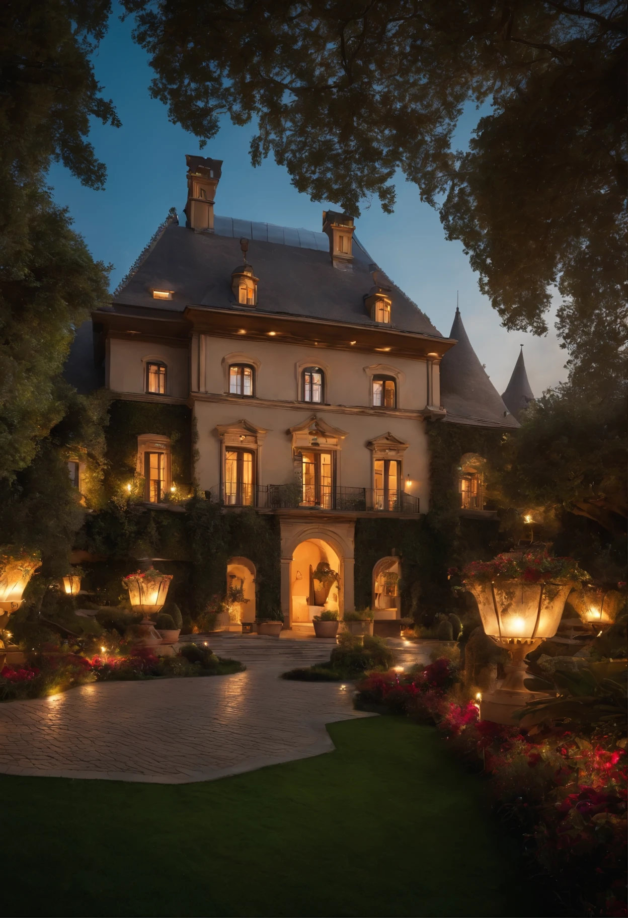 Luxury villas，European and American simplicity，Garden style，fairy tale,Lighting Effects,Dreamy and magical