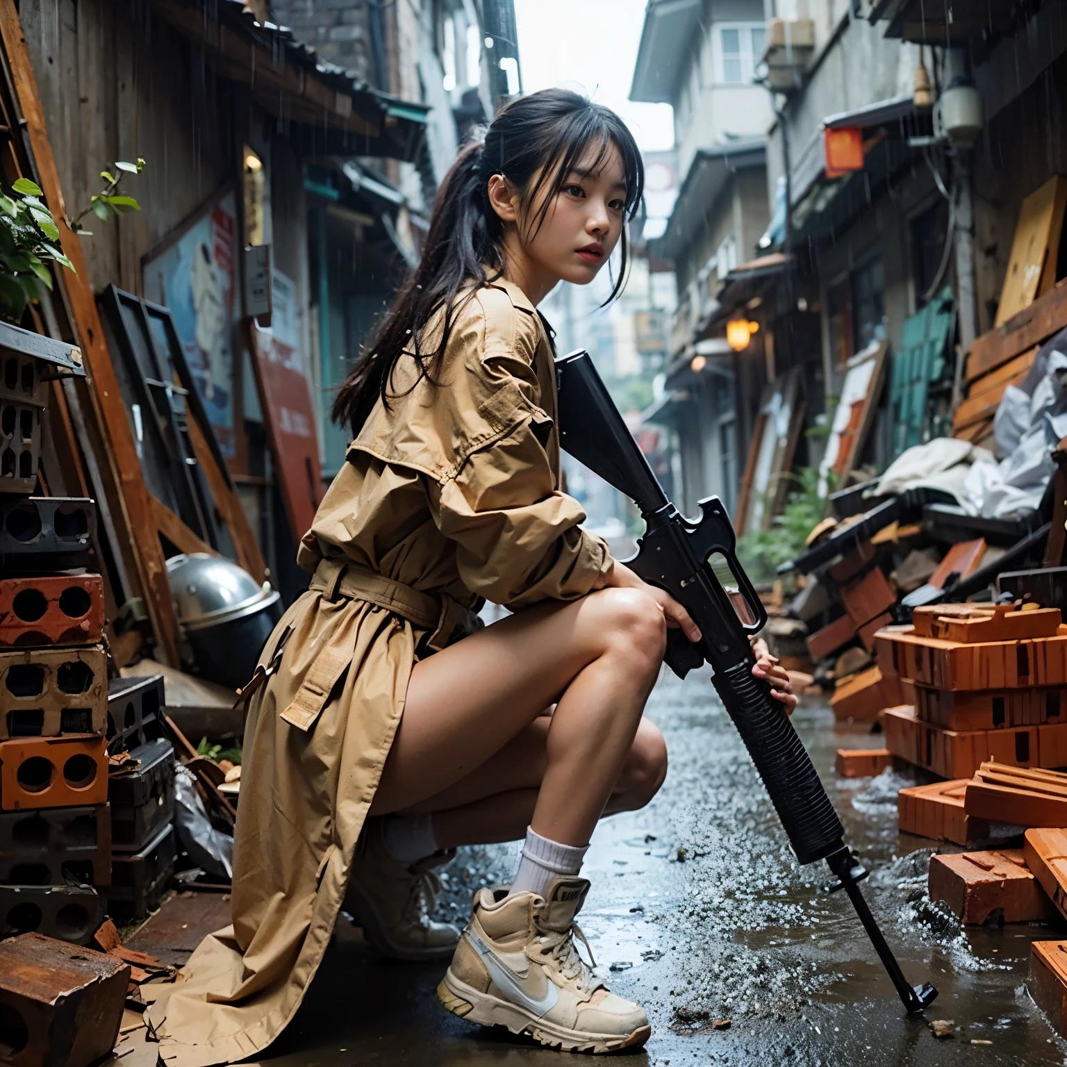 (Very detailed, Realistic photos, Realistic skin texture), 8k, A beautiful Japanese woman living in America looks back with a sawed-off shotgun on her hip, He is wearing a dirty and torn beige trench coat., navy yankees baseball cap, Dirty high-top Nike sneakers, An alley littered with bricks and rubble, It rains and clothes get wet, In an attractive and action-packed pose, And a cool configuration.