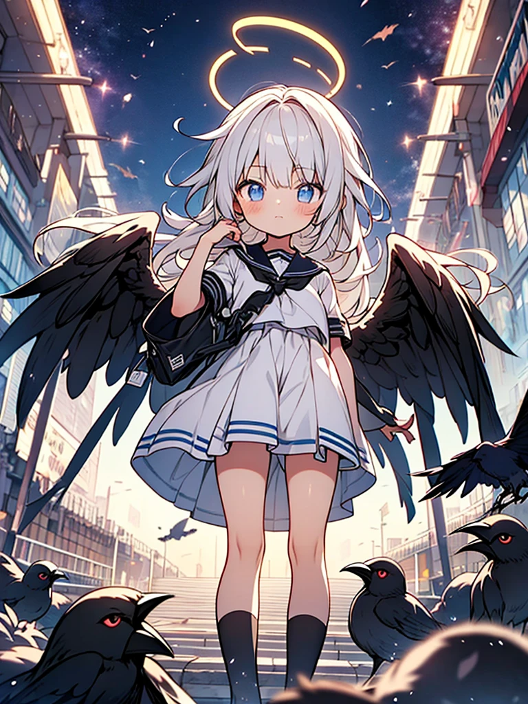 anime style,ultra hyper cute shota,crow angel,sliver hair,long hair,looks like a  girl,black school sailor uniform,glowing black halo,crow wings,