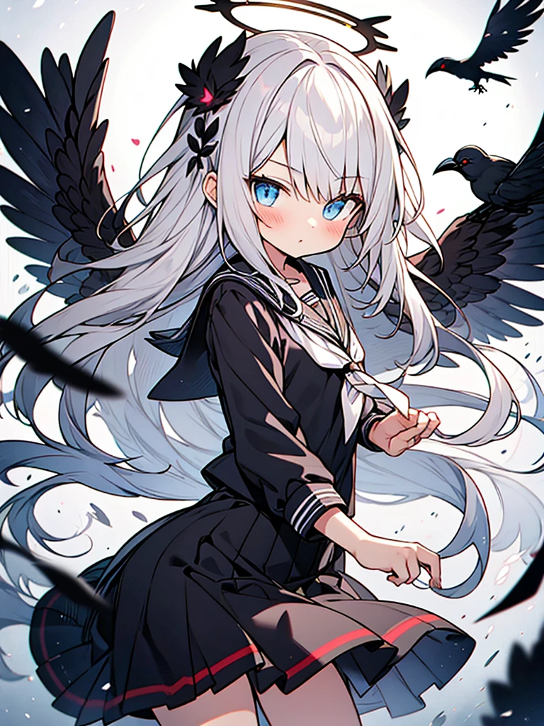 anime style,ultra hyper cute shota,crow angel,sliver hair,long hair,looks like a  girl,black school sailor uniform,glowing black halo,crow wings,