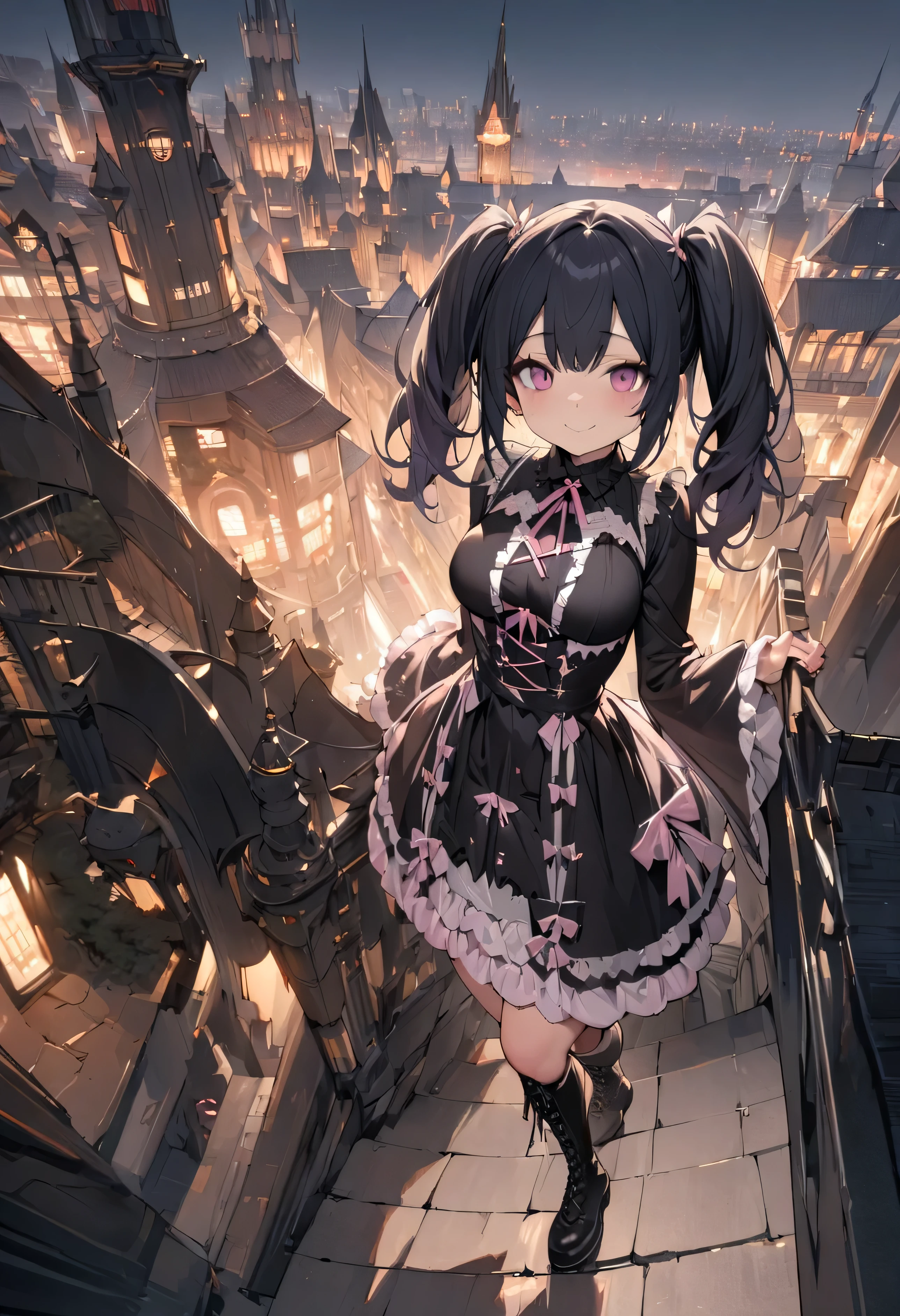 (((highest quality,Very detailed,masterpiece,Very detailed))),Twin tails,Medium Hair,Blue black hair,((Kimono pink (Gothic ta:1.2))),alone,city,Day々Cutout,Full Shot,Lace-up boots,big eye,medium breasts,Smile