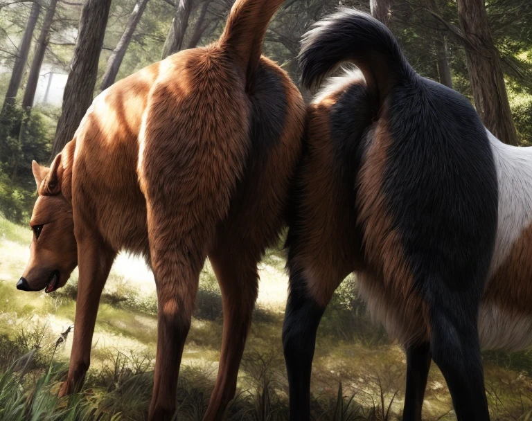 ((((photorealistic feral dog )))), ((((feral, duo)))),  ((((from behind, side view, saliva)))), ((((ass, ass-to-ass, looking away from each other,  back to back, all fours, butt focus)))), outside, sunny, blue skys, best quality, shaded, extreme detail, highly detailed, ultradetailed, intricate, realistic, detailed background, hi res, realistic, photorealism, 