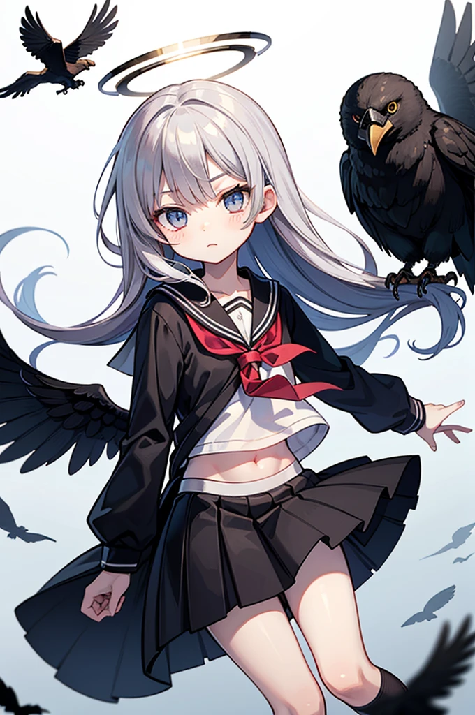 anime style,ultra hyper cute shota,crow angel,sliver hair,long hair,looks like a  girl,black school sailor uniform,glowing black halo,crow wings,