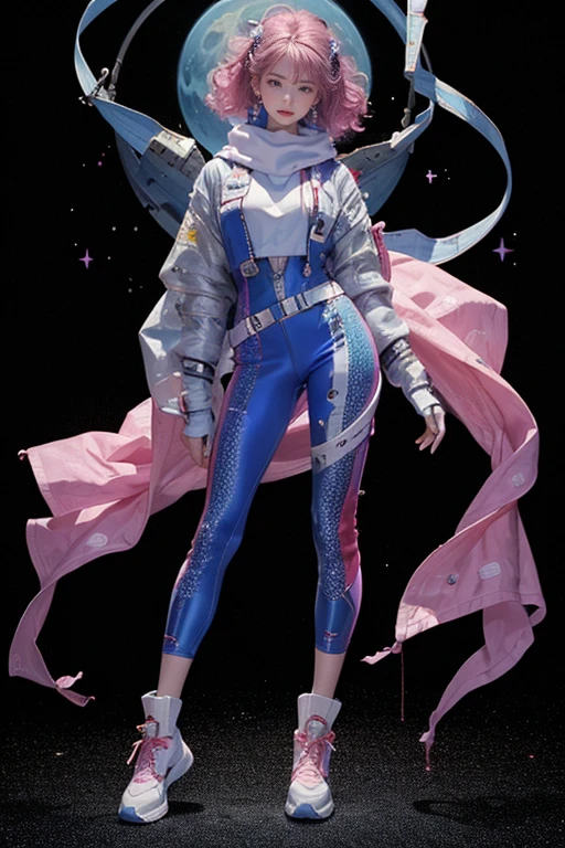 highest quality, Very detailed, masterpiece, 1 person,woman,(((完璧なwomanの体))),Very beautiful face, Very beautiful body,Gentle expression, Very beautiful eyes,(Perfect Makeup:1.1),Fashion Model,Cyberpunk Fashion,Curly Hair,Shaggy Hair,Fluorescent pink and blue hair:1.3, Very thin body,Smart Abs, (((Various patterns,Gradation,Spacesuit))),Two-tone high-top sneakers,A kind smile,Full body portrait,(Cyber City background), (Shiny skin),(Earrings),Seesul,Long scarf,long shawl,