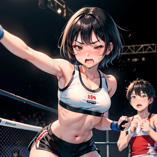 Cute Japanese high school girl with short-cut black hair down in female mixed martial arts ring during match, down, grabbing ring ropes in fallen position, pained expression, one eye closed, mouth wide open, gasping, drooling, very sweaty, out of stamina, slender body, poor breasts, small breasted sports bra, high leg shorts, open finger gloves