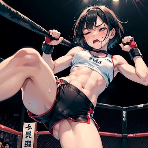 Cute Japanese high school girl with short-cut black hair down in female mixed martial arts ring during match, down, grabbing ring ropes in fallen position, pained expression, one eye closed, mouth wide open, gasping, drooling, very sweaty, out of stamina, slender body, poor breasts, small breasted sports bra, high leg shorts, open finger gloves