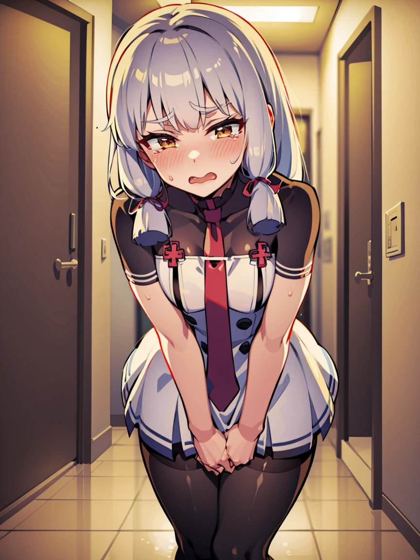 murakumo (kancolle), murakumo kai ni (kancolle), dress, black pantyhose, orange eyes, tress ribbon, hair ribbon, sidelocks, grey hair, red necktie, thighband pantyhose, black loafers, 1 gilr , solo, looking at viewer
BREAK 
(sfw:1.3), have to pee, (hand between legs), leaning forward, pigeon-toed, fist pump
BREAK
(anger), (crying), (blush), (open your mouth:1.3), wavy mouth
BREAK
official art, best masterpiece, best quality, best resolution, 8K, best detailed, highly detailed hands, highly detailed fingers, very detailed mouth, perfect anatomy
BREAK
(door, hallway), dust, dust, light particles, very fine and detailed 16KCG wallpapers