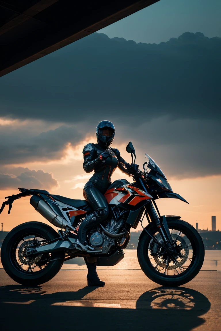 (a beautiful, sexy cyborg woman:1.1),(riding a KTM 450 motocross motorcycle),(full body shot),(wharf scene),(glamorous shape),(shoulder-length, beautiful shiny smooth, light brown hair),(HDR,ultra-detailed),(realistic,photorealistic:1.37),(portraits,landscape),(vivid colors),(studio lighting),(dynamic composition),(contrast:1.1),(sleek, reflective surface),(metallic, futuristic),(powerful, muscular legs),(woman:1.1),(fearless expression),(confident pose),(scenic waterfront view),(dramatic sunset),(dramatic perspective),(action:1.1),(adventure),(modern technology),(futuristic),(bold, vibrant colors),(intense lighting),(shadows and highlights),(detailed, realistic motorcycle),(wharf structure),(water reflections),(atmospheric ambiance),(dramatic clouds),(high energy),(motion:1.1),(power:1.1),(speed:1.1),(excitement:1.1),(digital art),(high tech:1.1),(edgy, futuristic),(urban setting),(cyberpunk vibes),(fine art),(cinematic view),(gritty:0.9),(industrial scenery)