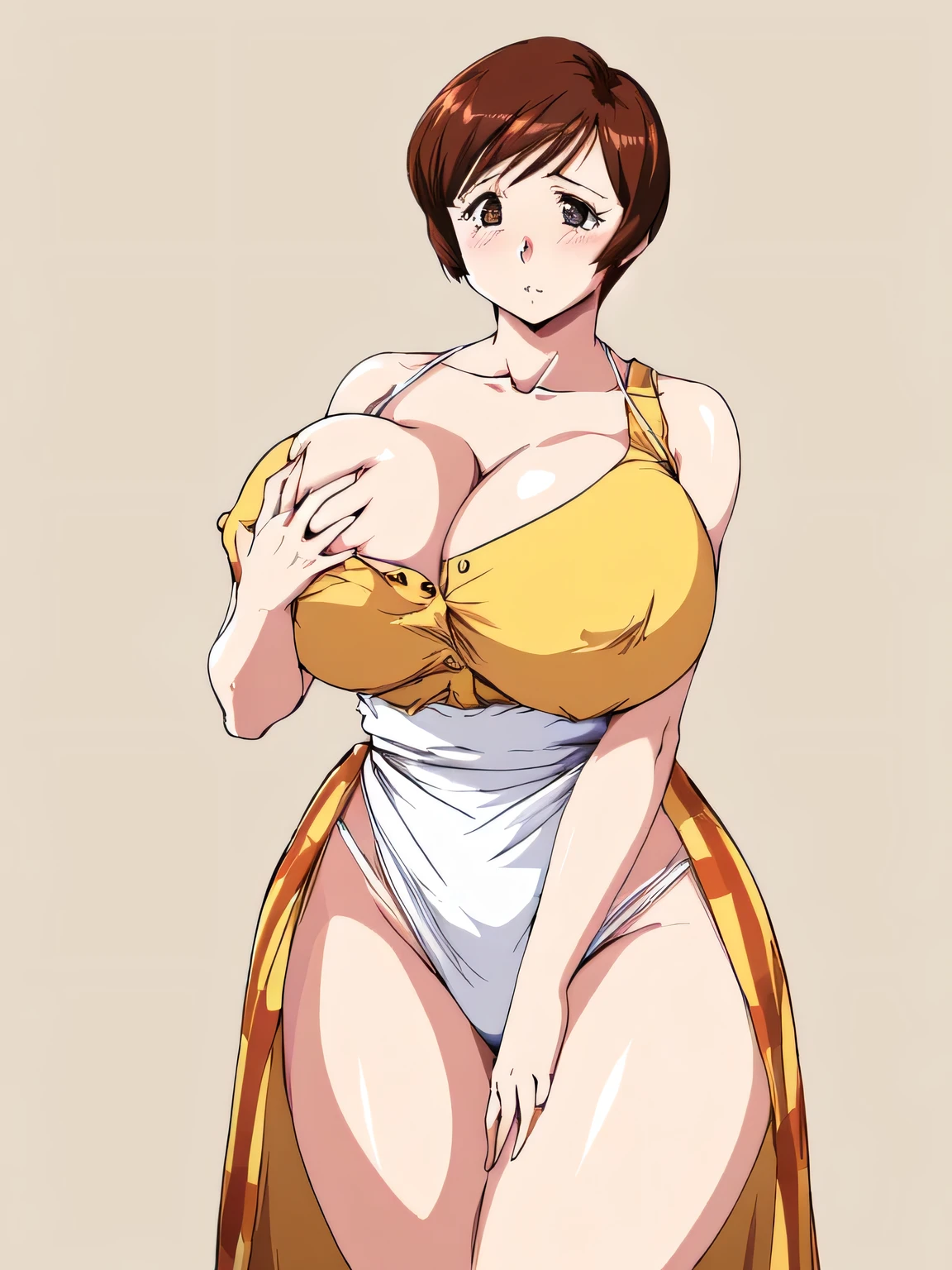 masterpiece, highest quality, High resolution, ((((1girl, solo)))), short hair, etsukoto, Big and ample breasts, cleavage, (Perfect beautiful yellow dress:1.4), ((White waist apron)), White panties, Embarrassed look, (((simple background))), Shiny oily skin, Huge long breasts, Naughty big、((Big breasts are important))、Naughty thighs、L Cup、alone,(thin:1.4),(Thin waist:1.4), Mature mother, huge breasts, ((((thick thighs, plamp thighs, voluptuous thighs, ample thighs)))), Calf, Seductive mature woman, Perfect body, Plus Size Model, etsukoto, blush, clavicle, retro artstyle, 1990s (style), ((((squeeze breasts)))), (((grabbing own breast, myself))),