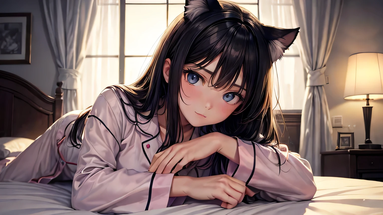(oil, masterpiece, highest quality, Super detailed, Focus on the characters), Cat ear、10 year old girl、Face close-up、Detailed facial expression depiction，Detailed hair depiction,([return:0.8]|[ face facing returnwards:1.1]), Oversized pajamas,(Bed scenario in the room:1.2]|[ ground:1.3]| [High Contrast:1.1])  