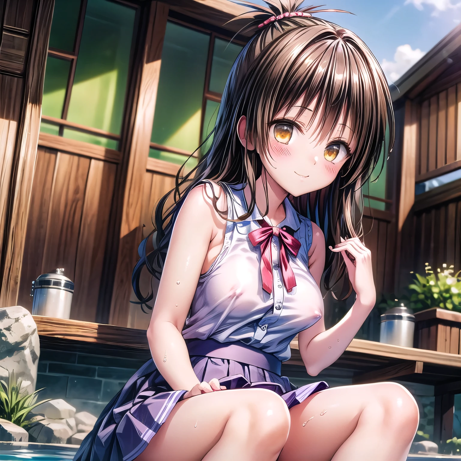 realistically, hair ornament, outdoor, onsen, daytime, lightray, glitter hair, brown eyes, glowing eyes, white short skirt, ultra shot skirt, Blush, daytime, Wet, see through, sleeveless shirt, nipples, pussy, armpit, ************, pussy, tricky smile, (((sit with knees raised))), windy, mikan, (((wind blow skirt up))), masterpiece, highest quality, Highest resolution, highest detailed face, perfect hands, perfect anatomy, 