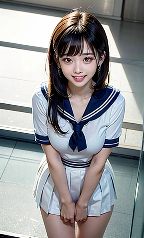 Detailed CG Unity 8k wallpapers、highest quality、masterpiece、Realistic、Bright lighting、(Glass Room)、((The floor is made of transparent glass))、((Standing on a transparent glass floor、Cute Woman))、17 years old、high school girl、Very cute、Face Light、Captivating eyes、(Droopy eyes:1.3)、(smile)、((Ecstasy Face))、blush、(Brown hair with bangs)、Earrings、necklace、Shiny skin、Pure white skin、Big Breasts、((Perfect Anatomy))、((Perfect limbs、Thin hands、Thin fingers、Five fingers))、((Short-sleeved white sailor suit:1.5)、(Short white sailor suit)、((Navy Pleated Mini Skirt:1.5))、(Very short pleated skirt)、(Under the skirt、Wearing white lace panties:1.3)、(Arms around waist pose)、(透明ガラスの床下からhigh school girlを見上げるアングル:1.3)、(White lace panties are visible:1.3)、(Angle looking up from under the transparent glass floor:1.3)、Angle looking up from under transparent glass、Glass Room、Standing on a transparent glass floorhigh school girlを下からリアルに描く、