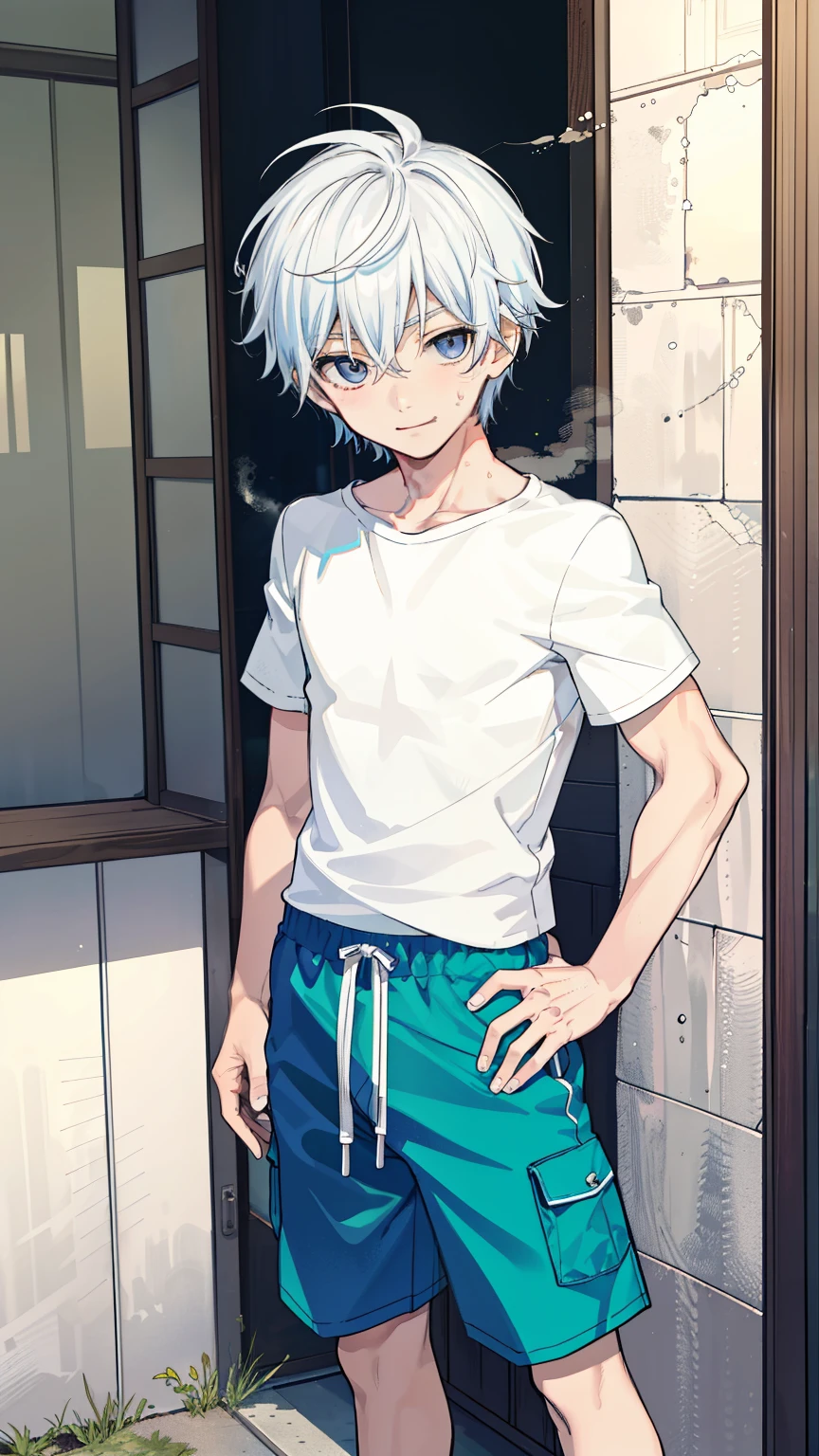 1boy, glowing, sidelighting, wallpaper,masterpiece, best quality, high quality,10yo, male focus, full body, looking at viewer, white hair,spiky hairstyle, short hair, steam smork, japan style, anime coloring, shy, home muji style, detailed face, topless, white towel on waist,white silk, outdoor, sweat,bulge boy, blue hair, whole body, gentle smile, wearing shiny shorts