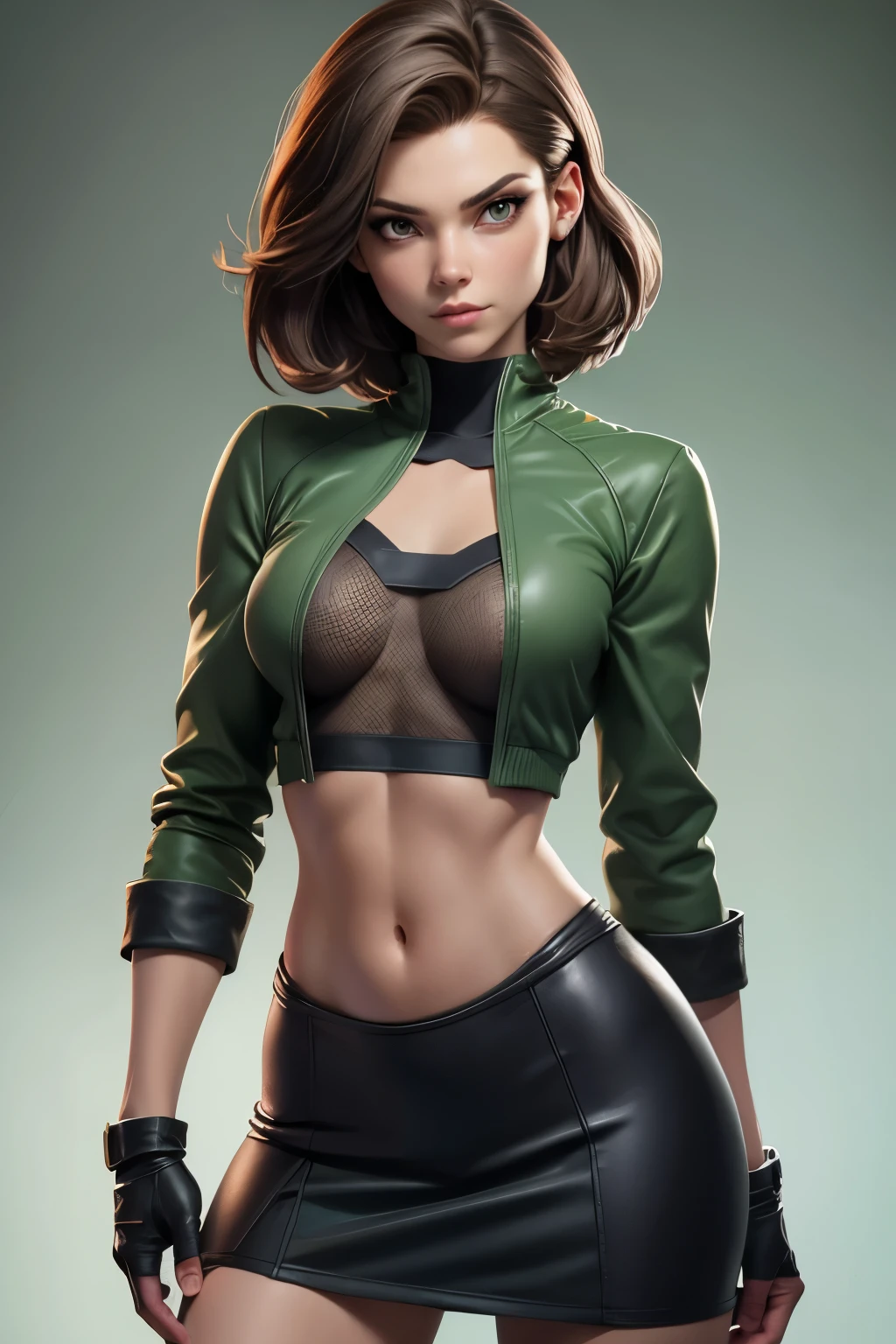 rogue from x men evolution with a brown short rogue hair, cotton!, cotton! green jacket!, big gray eyes, very small breasts, cotton! top WITH NECKLINE and open cotton! green jacket!, fish net tights, black skirt, black gloves, covered navel, cropped legs, cotton, front view!, white background, realistic colors, front view, light coming from the right, 8K image quality, Masterpiece