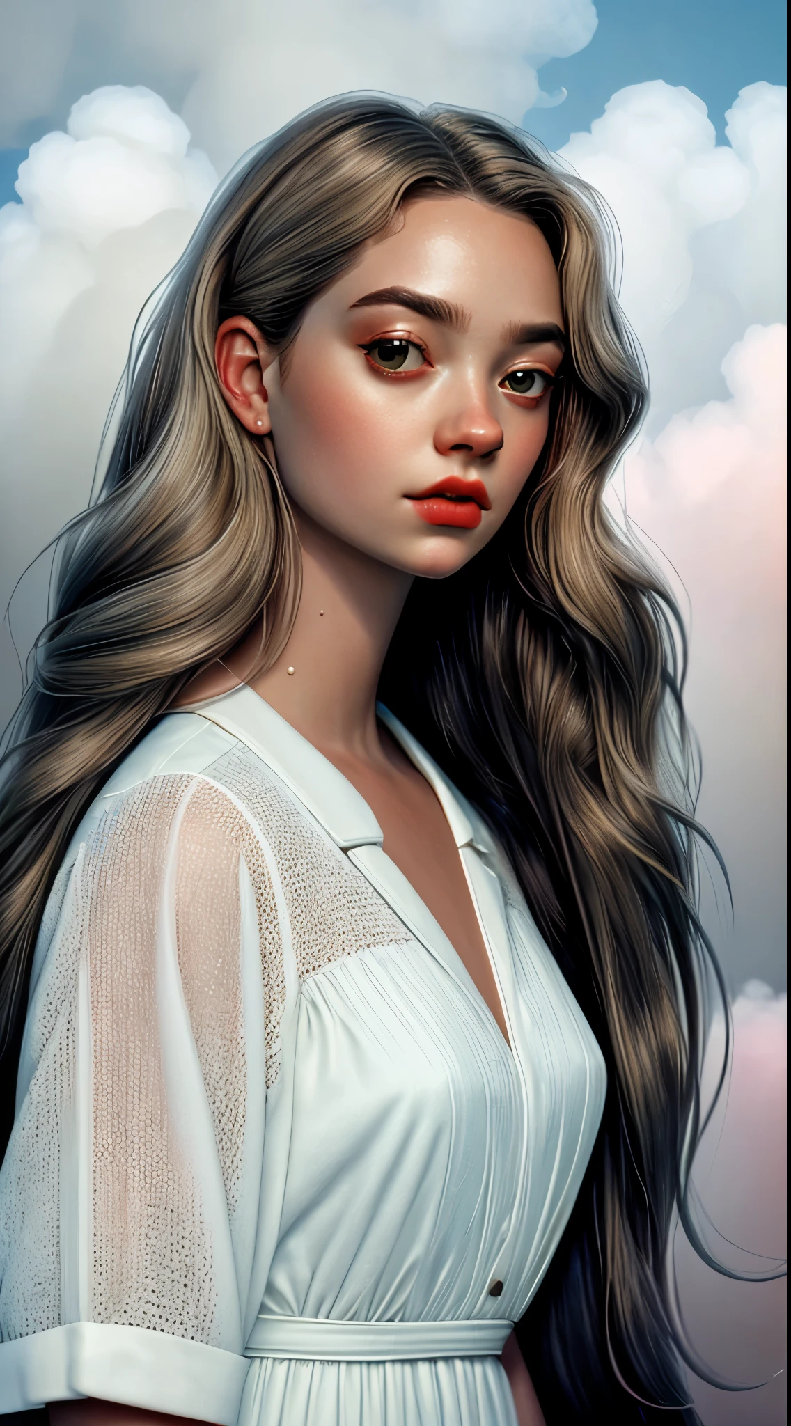 (, line art, halftone),((startled,full shot body,looking at viewer, )),(,perfect face, 1960 vintage dress,wide hips),(Pastel colors,dreamscape,white sky,fog)  19 y.o woman who is a combination of Emily Dickenson, Lorde, and Ashley Olsen, Ashy blonde hair soft waves,beautiful face, high detailed face,looking at camera, perfect face, young