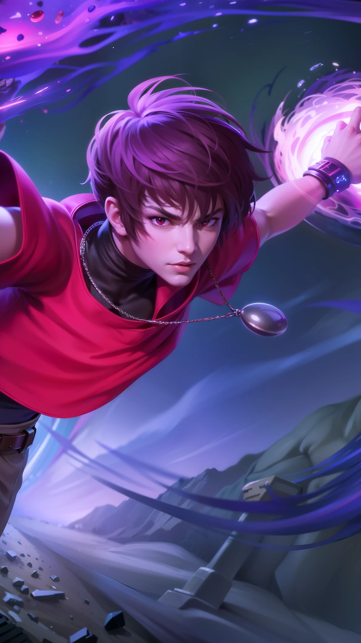 boy with purple hair and red shirt holding a purple ball, Masterpiece, ultra HD, detailed all picture, a close up of a devil, dyrroth from mobile legend, evil, extremely detailed artgerm, mobile legends character, inspired by Dyrroth, Six pack chest and abs, black jewel above the chest, strong red eyes, glare.