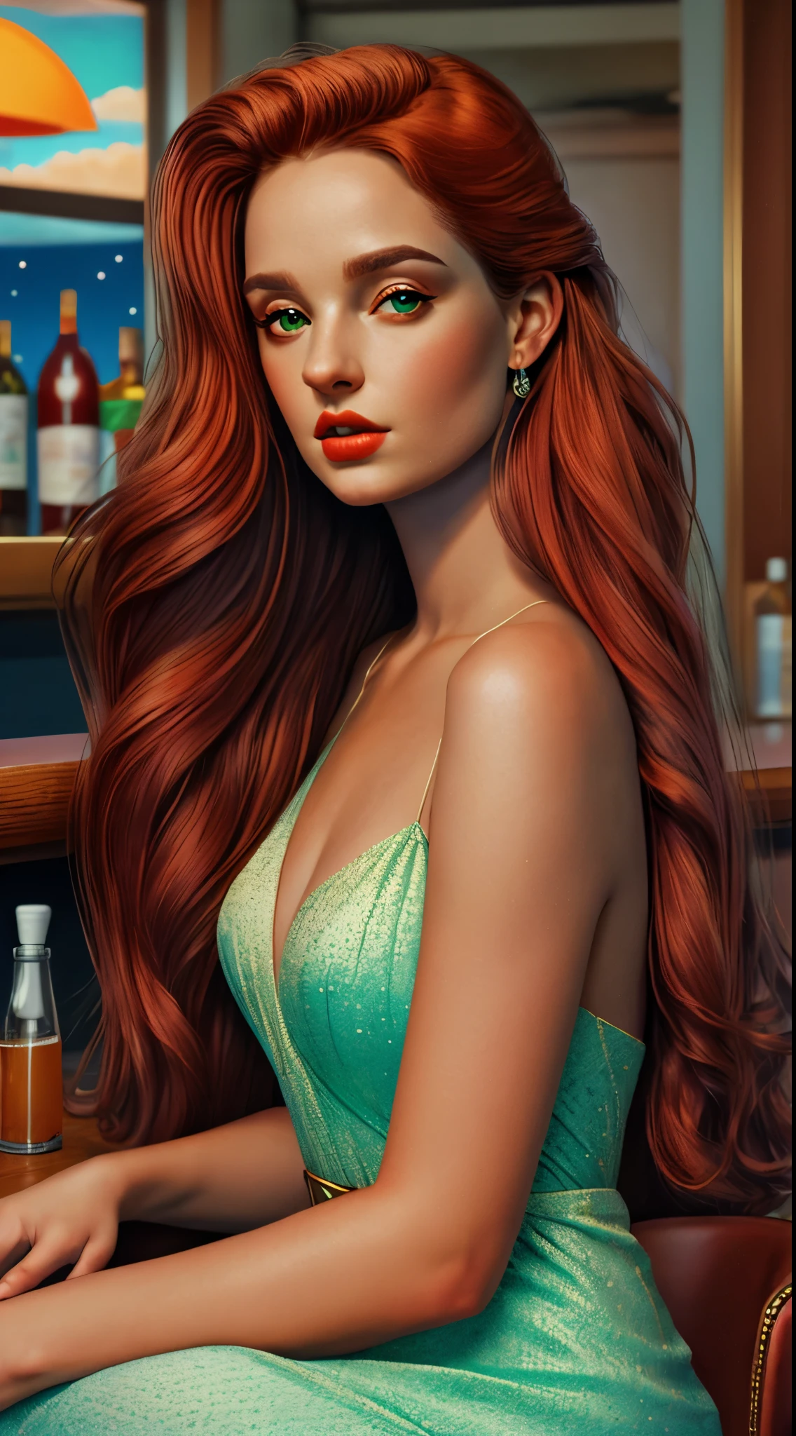 (, line art, halftone),((startled,full shot body,looking at viewer, )),(perfect face, wide hips),(Pastel colors,dreamscape,)  sitting on barstool in detailed bar, (reallistic:1.2), (masterpiece, best quality, high quality, highres), 1girl, extremely beautiful detailed face, best shadow, medium breasts, orange hair, long hair, stlouis, female in her Late twenties, (evening gown, plunging neckline)), Russian, green eyes