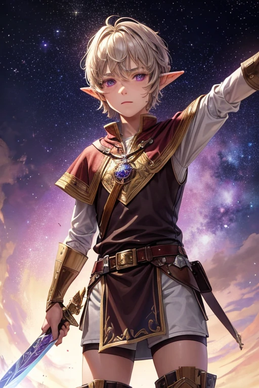 15 year old elf man with short blonde brown hair, short messy hairstyle with a fringe, pointed elf ears purple medieval knight clothing silver star prayer purple eyes holding a sword with star emblem brown boots brown leather belt star decorations on the belt forest background with magic symbols