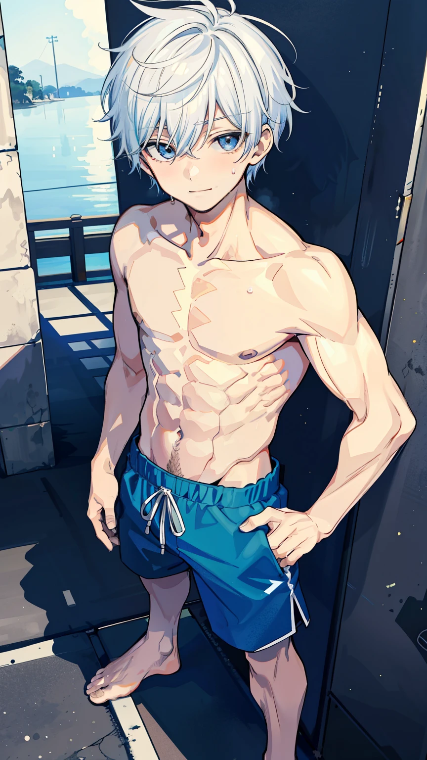 very thin boy11 years old without a shirt, Without clothing, thin, Blue eyes, white hair with red tips, wet body in white swimming trunks, straightens his hair embarrassedly, blush on the face, 