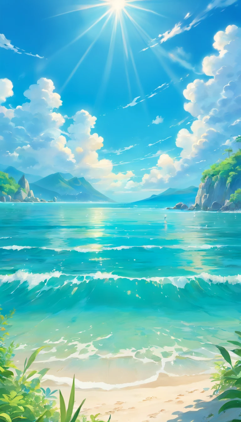 Sea, magical, blue sky, clouds, vibrant colors, greens, sunlight reflecting in water, sandy beach, dreamlike, soft focus, ethereal, highres, bestquality,masterpiece, summer