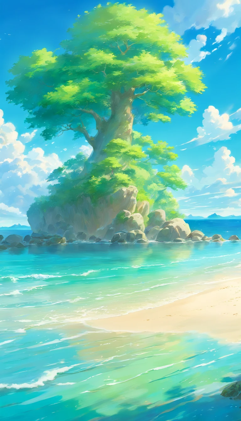 Sea, magical, blue sky, clouds, vibrant colors, greens, sunlight reflecting in water, sandy beach, dreamlike, soft focus, ethereal, highres, bestquality,masterpiece, summer