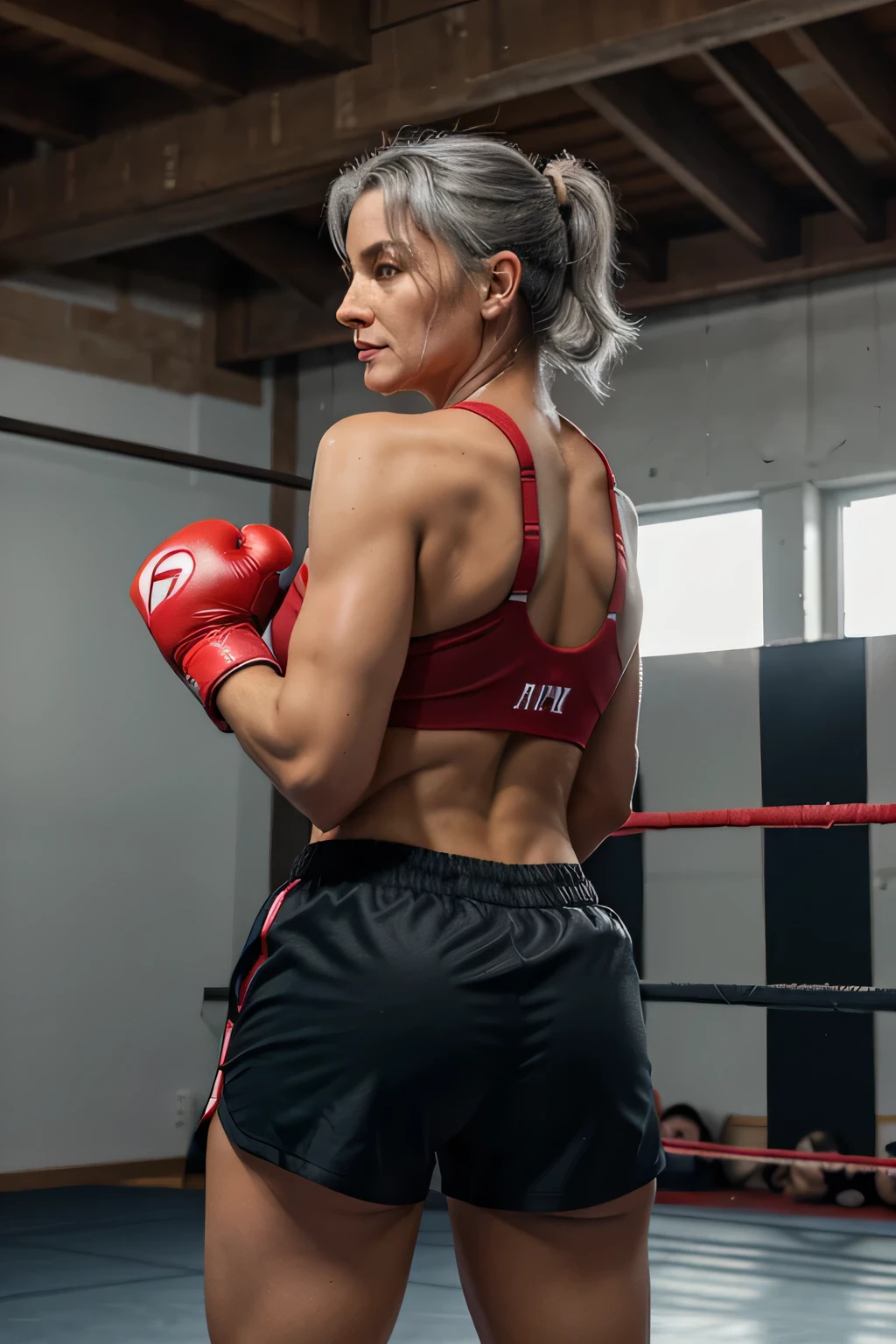 Masterpiece, 54 year old woman, athletic, gray hair, wearing red sports bra and black shorts, blue boxing gloves, sweaty, in a boxing ring, view from behind, realistic 