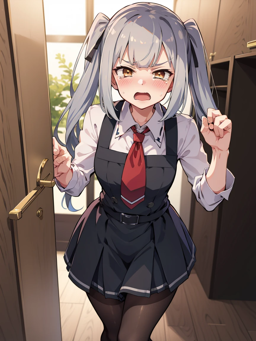 murakumo (kancolle), murakumo kai ni (kancolle), dress, black pantyhose, orange eyes, tress ribbon, hair ribbon, sidelocks, grey hair, red necktie, thighband pantyhose, black loafers, 1 gilr , solo, looking at viewer
BREAK 
(sfw:1.3), have to pee, (hand between legs), leaning forward, pigeon-toed, raise one hand
BREAK
(anger), (crying), (blush), (open your mouth:1.3), wavy mouth
BREAK
official art, best masterpiece, best quality, best resolution, 8K, best detailed, highly detailed hands, highly detailed fingers, very detailed mouth, perfect anatomy
BREAK
(door, hallway), dust, dust, light particles, very fine and detailed 16KCG wallpapers