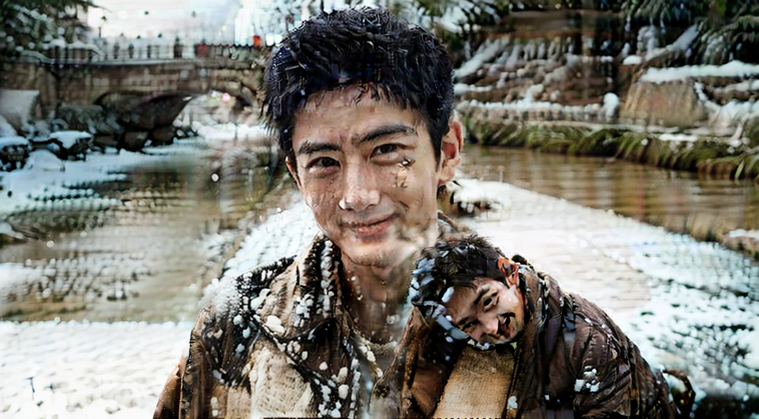 ((背景是日本北海道Otaru Canal積snow的snow地)((A young handsome Japanese man smiling.maintain eye contact.Handsome like an idol star))best quality, masterpiece, (Reality:1.4), 1 young handsome Japanese man, Solitary, short hair, big eyes, Brown coat,scarf, ((Upper Body:1.3)), Dramatic Lighting, Looking at the audience, permanent, Hokkaido Outdoors, snow, Otaru Canal.street warehouse, architecture,