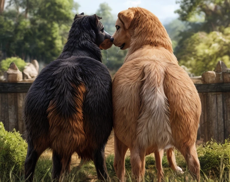 ((((photorealistic feral dog )))), ((((feral, duo)))),  ((((from behind, side view, saliva)))), ((((ass, ass-to-ass, looking away from each other,  back to back, all fours, butt focus)))), outside, sunny, blue skys, best quality, shaded, extreme detail, highly detailed, ultradetailed, intricate, realistic, detailed background, hi res, realistic, photorealism, 