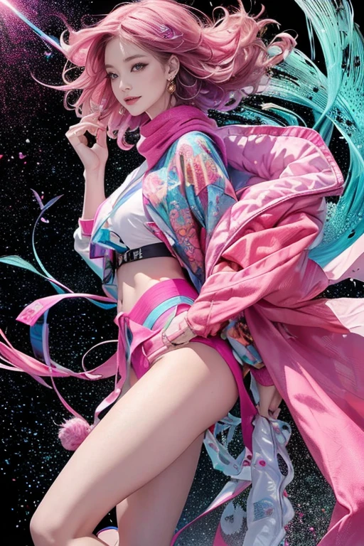 highest quality, Very detailed, masterpiece, 1 person,woman,(((完璧なwomanの体))),Very beautiful face, Very beautiful body,Gentle expression, Very beautiful eyes,(Perfect Makeup:1.1),Fashion Model,Cyberpunk Fashion,Curly Hair,Shaggy Hair,Fluorescent pink and blue hair:1.3, Very thin body,Smart Abs, Monogram pattern,Gradation,Spacesuit,Two-tone high-top sneakers,A kind smile,Full body portrait,(Background of London), (Shiny skin),(Earrings),Seesul,Long scarf,long shawl,