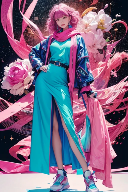 highest quality, Very detailed, masterpiece, 1 person,woman,(((完璧なwomanの体))),Very beautiful face, Very beautiful body,Gentle expression, Very beautiful eyes,(Perfect Makeup:1.1),Fashion Model,Cyberpunk Fashion,Curly Hair,Shaggy Hair,Fluorescent pink and blue hair:1.3, Very thin body,Smart Abs, Monogram pattern,Gradation,Spacesuit,Two-tone high-top sneakers,A kind smile,Full body portrait,(Background of London), (Shiny skin),(Earrings),Seesul,Long scarf,long shawl,