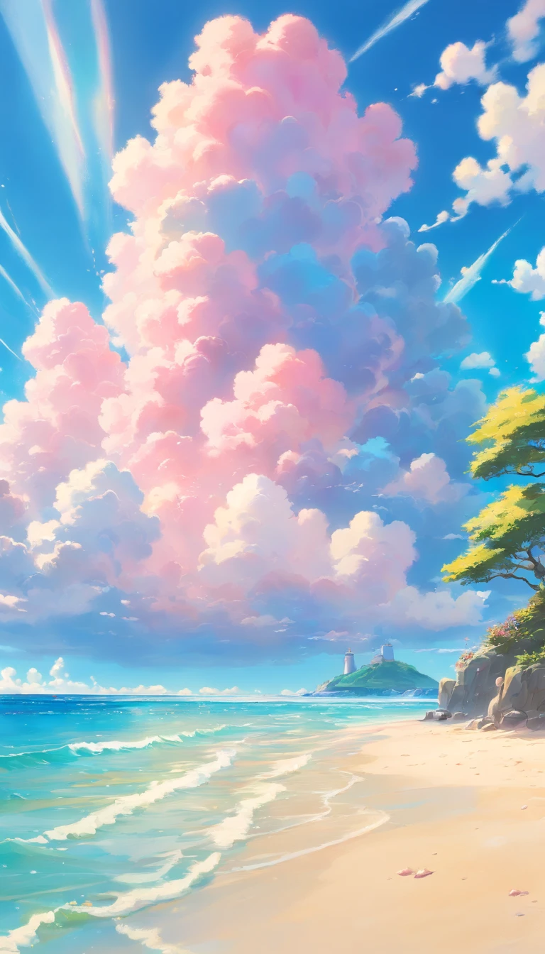 Sea, magical, blue sky, clouds, vibrant colors, pinks, teals, yellows, sunlight reflecting in water, sandy beach, dreamlike, soft focus, ethereal, highres, bestquality,masterpiece, summer