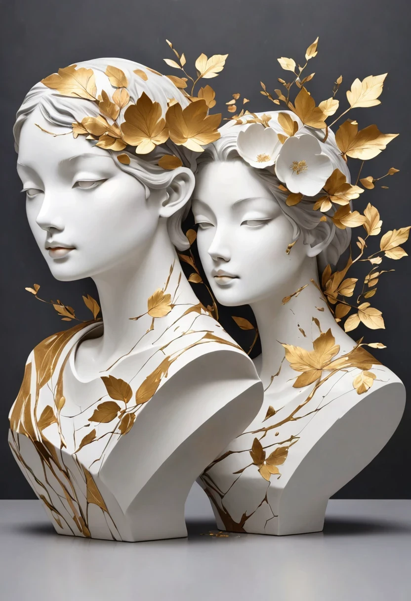 ((exhibit,Still Life Table,Artistic statues,3D Sculpture,ceramics,Surface cracks,Shattered Texture)), Show the beauty of nature.Kaneko,Golden powder, This artwork is presented on a grey background,Emphasize its artistic quality.