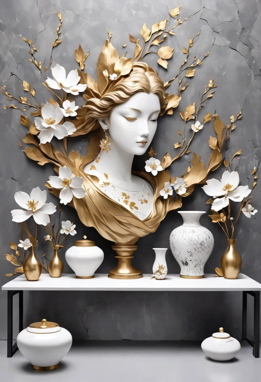 ((exhibit，Still Life Table，Artistic statues，3D Sculpture，ceramics，Surface cracks，Shattered Texture)), Show the beauty of nature.Kaneko，Golden powder， This artwork is presented on a grey background，Emphasize its artistic quality.
