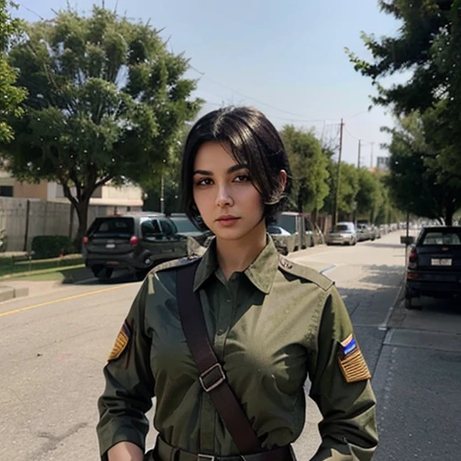 Full view photo of A beautiful persian girl with white skin and short black hair standing and wearing a military army uniform