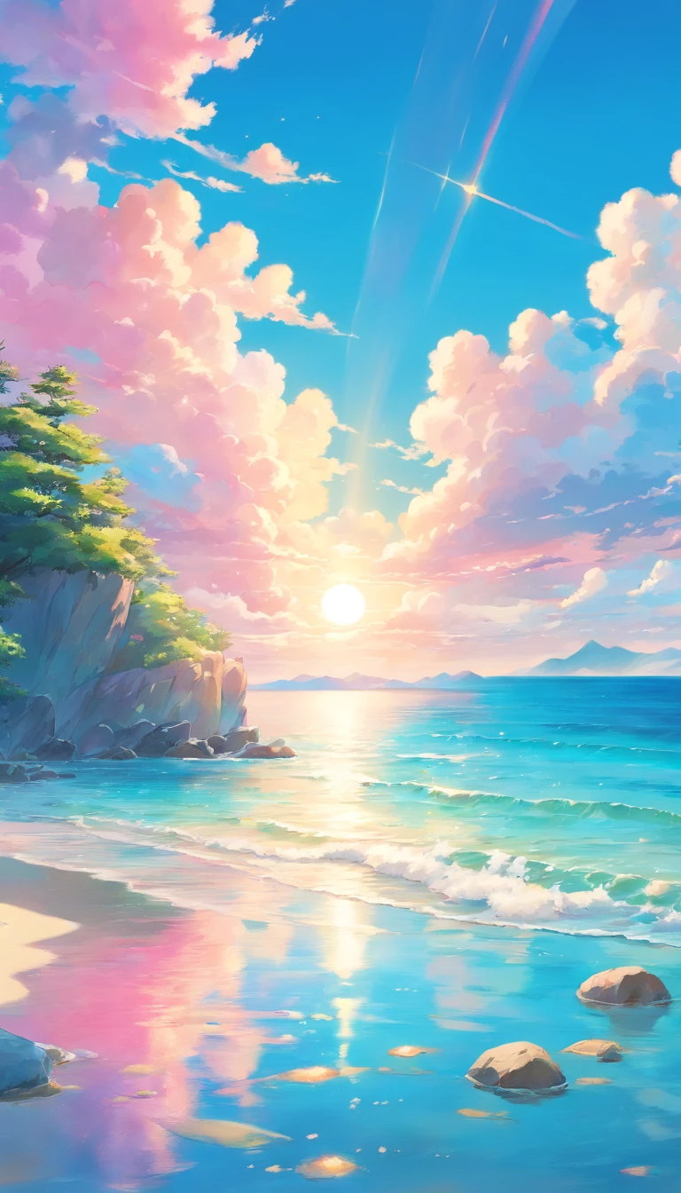 Sea, magical, blue sky, clouds, vibrant colors, pinks, teals, yellows, sunlight reflecting in water, sandy beach, dreamlike, soft focus, ethereal, highres, bestquality,masterpiece, summer, no people