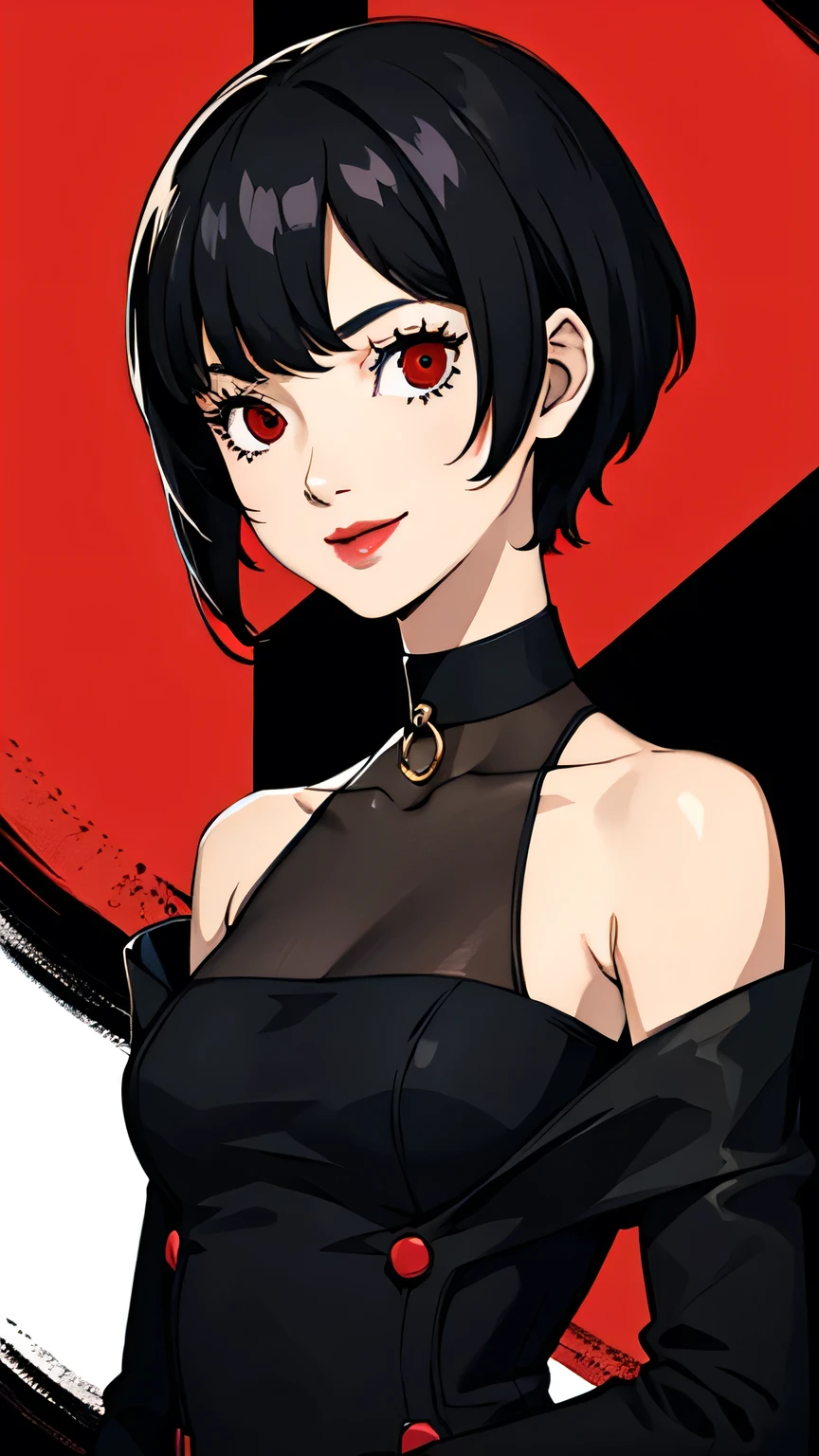 1 girl, red eyes, very Short hair, black choker, lipstick, portrait, smile, black hair, small breast